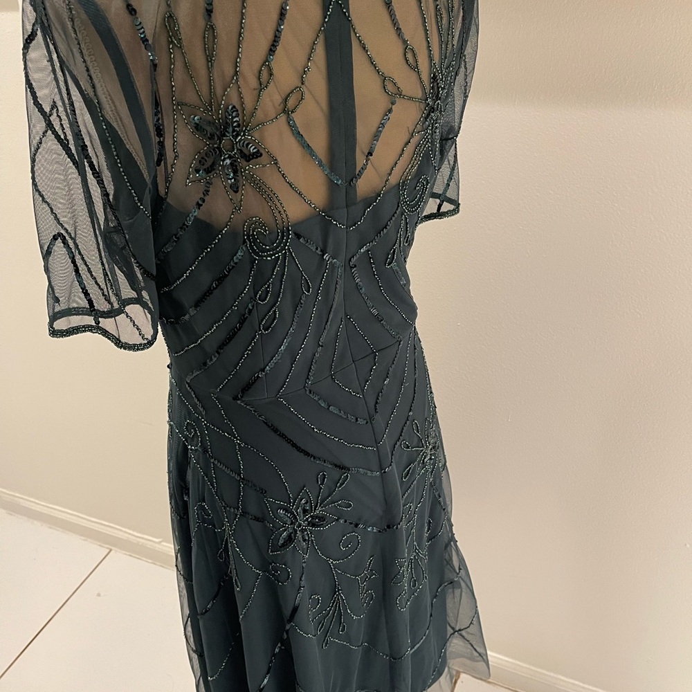 Adrianna Papell Dark Olive Green Beaded Illusion-Sleeve Midi Dress - Picture 3 of 5
